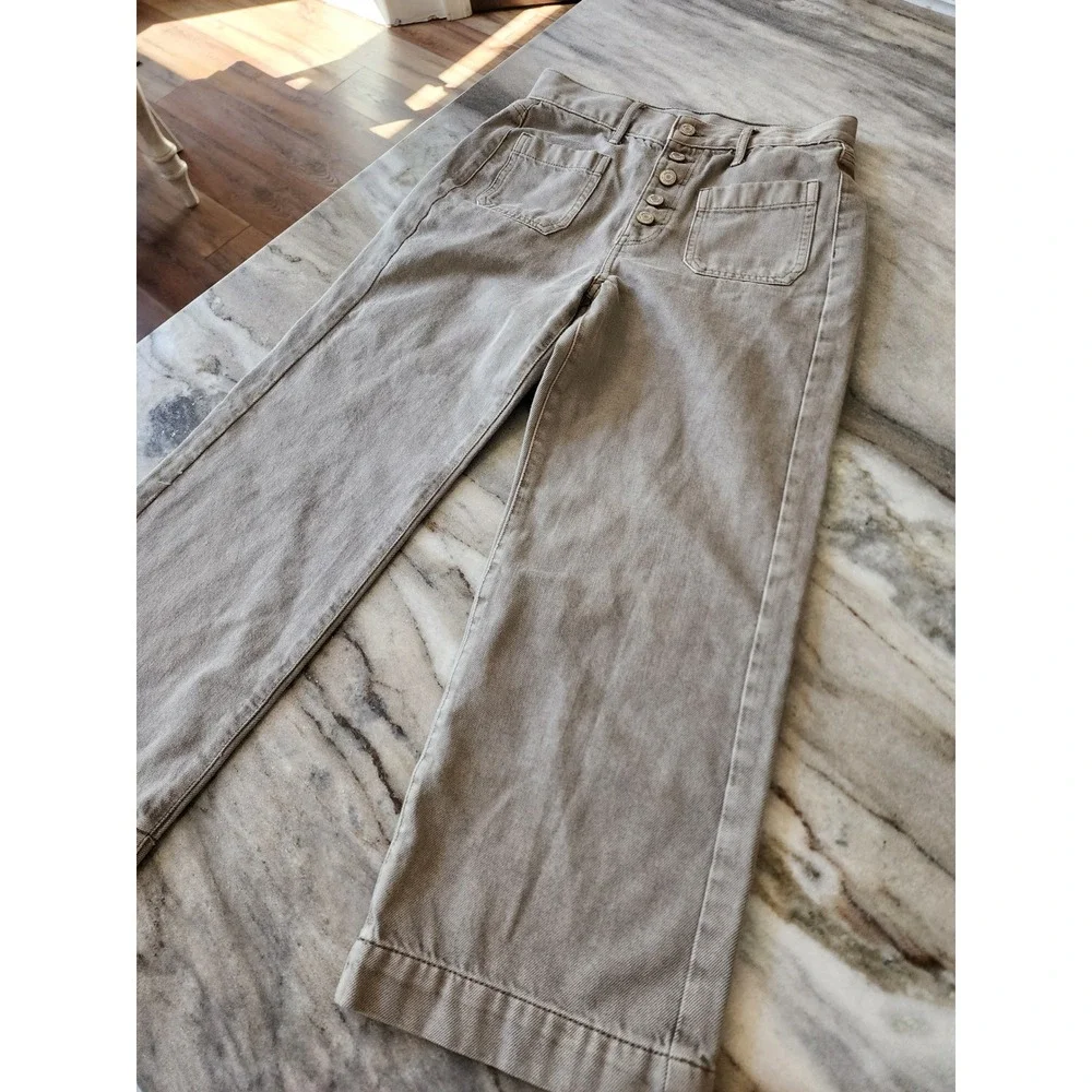 American Eagle Wide Leg Crop Jeans Green Khaki Button Fly Patch Pocket Size 4